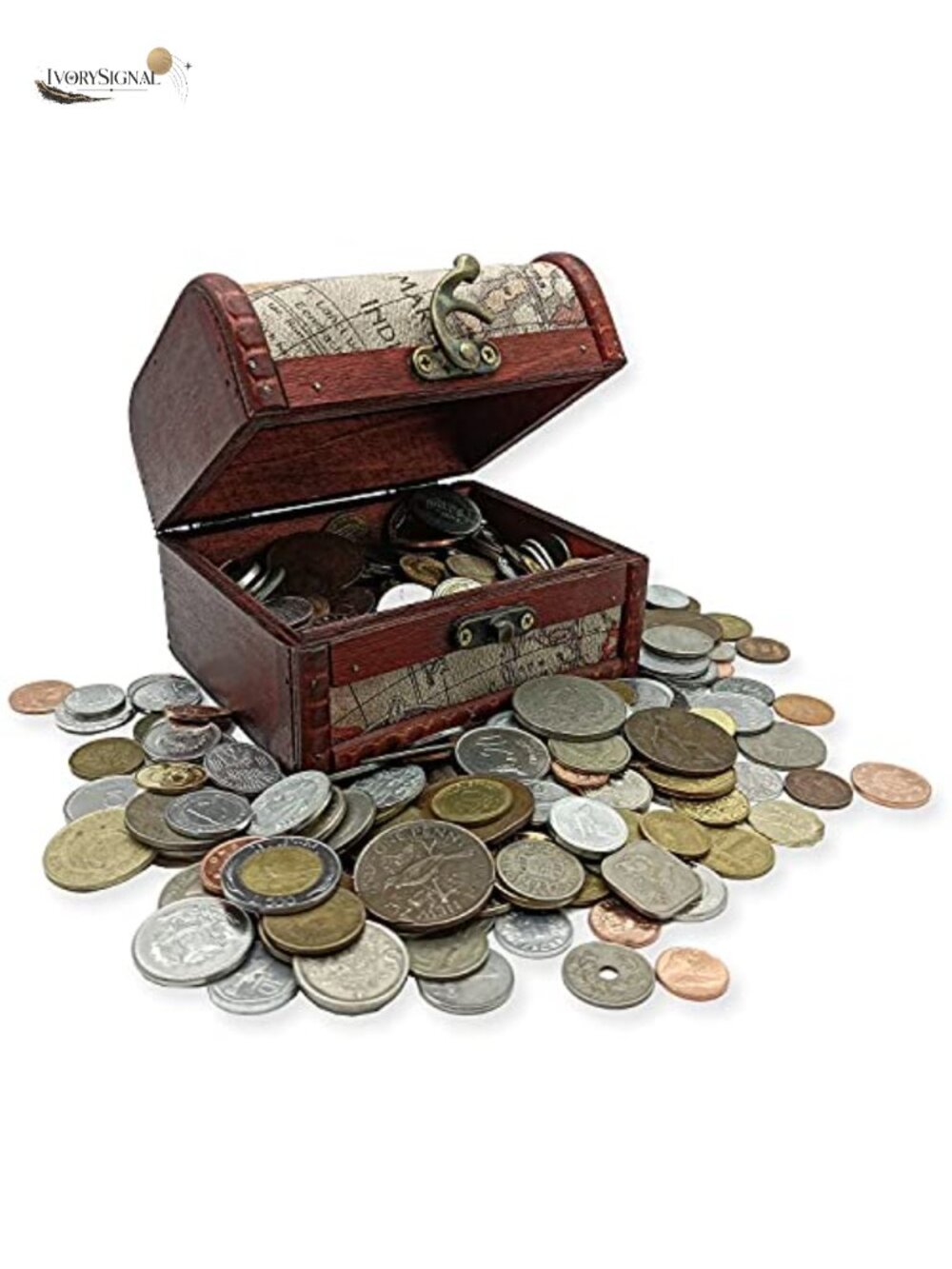 World Currency Coin Collection Treasure Chest Wooden Box 2lb